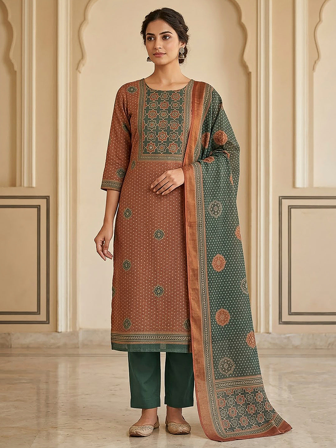 Rust Linen Blend Printed Unstitched Dress Material