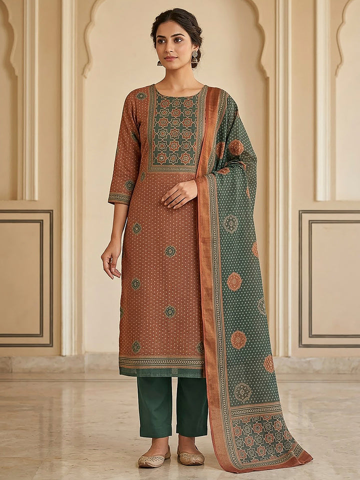 Rust Linen Blend Printed Unstitched Dress Material