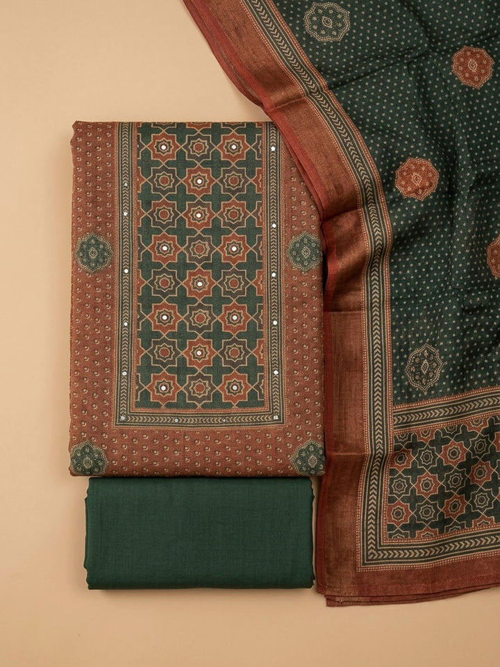 Rust Linen Blend Printed Unstitched Dress Material