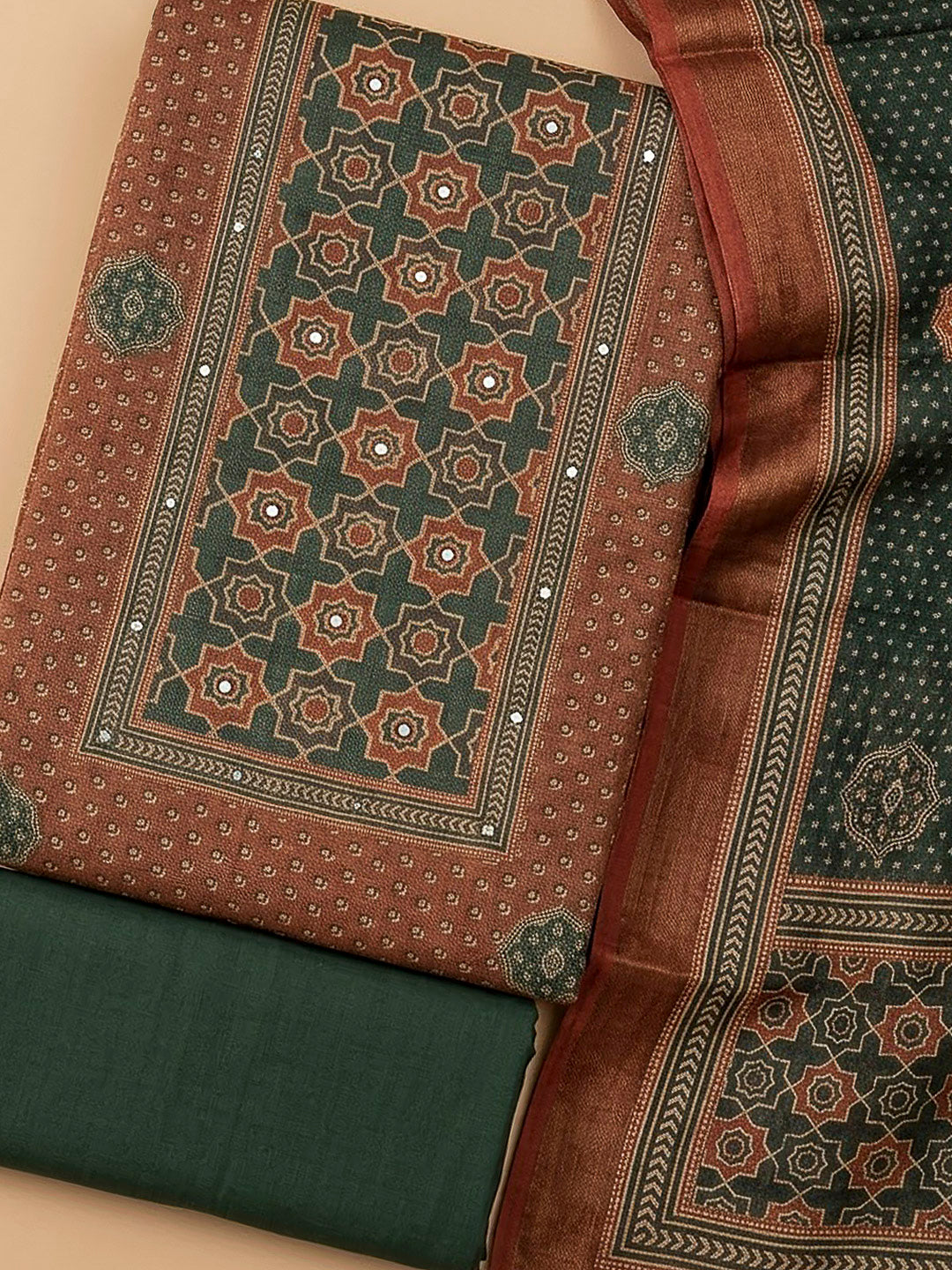 Rust Linen Blend Printed Unstitched Dress Material