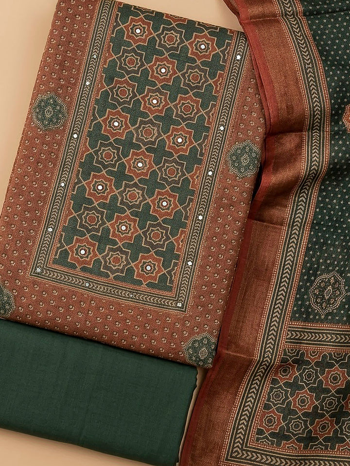 Rust Linen Blend Printed Unstitched Dress Material
