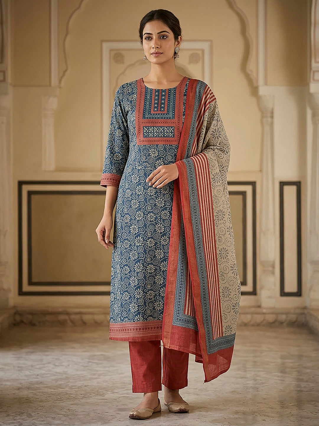 Red Linen Blend Printed Unstitched Dress Material