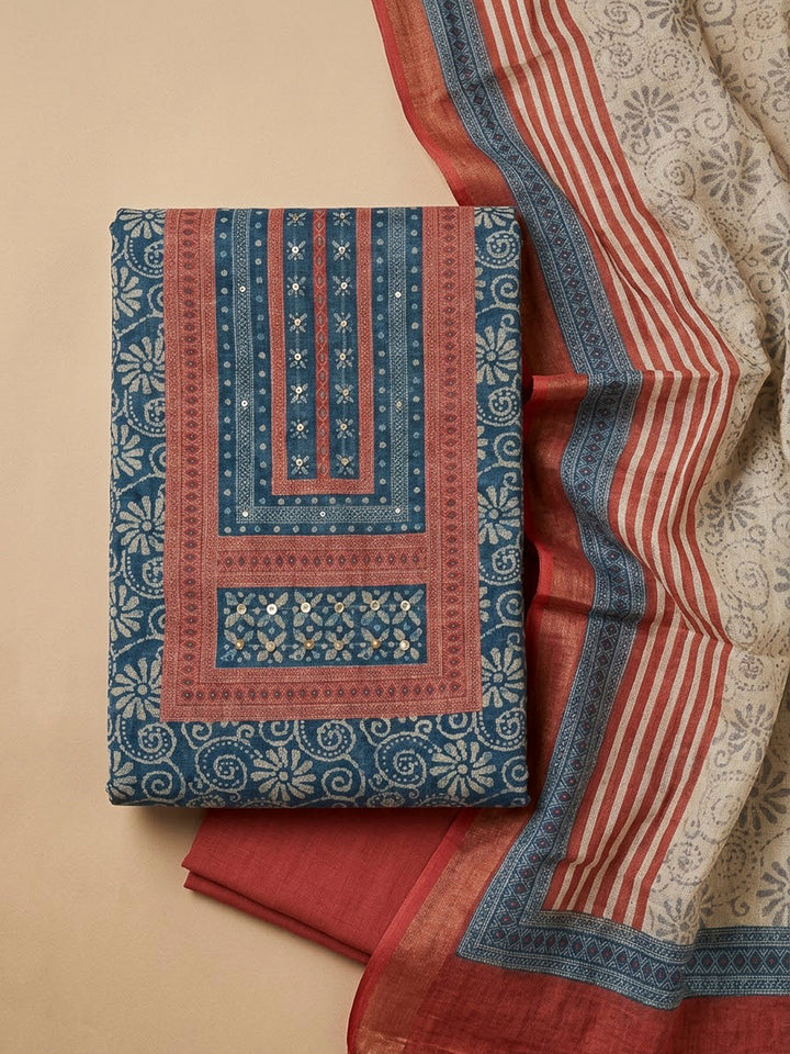 Red Linen Blend Printed Unstitched Dress Material