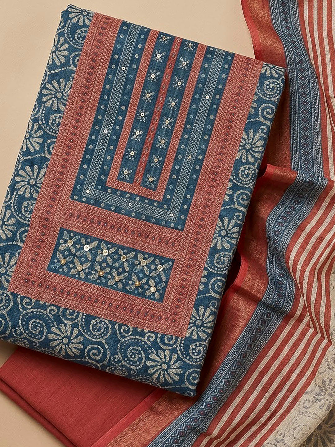 Red Linen Blend Printed Unstitched Dress Material