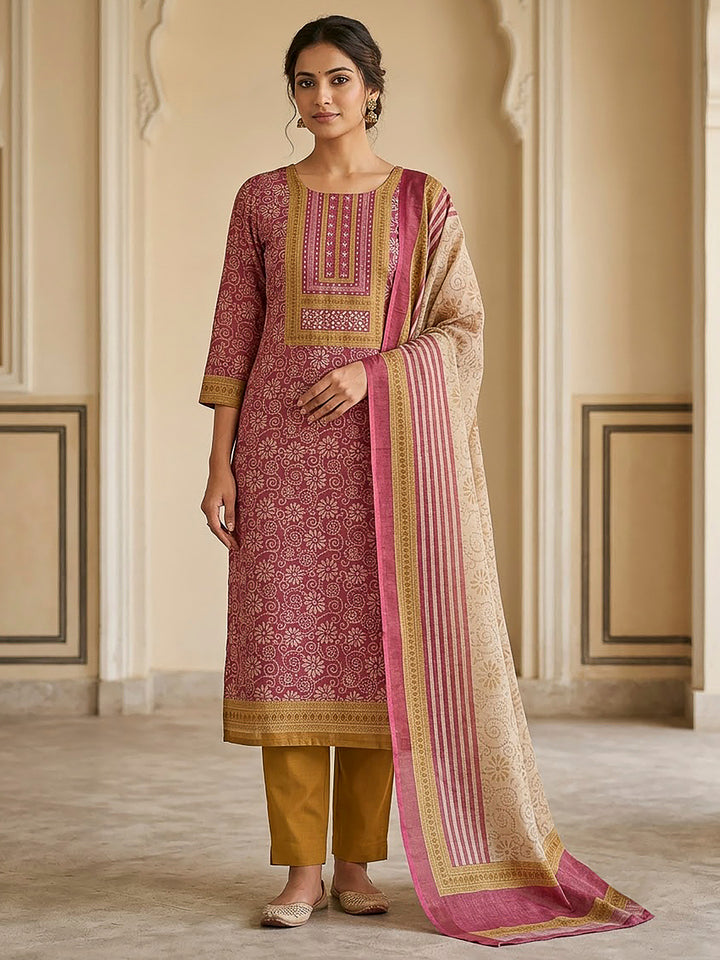 Onion Pink Linen Blend Printed Unstitched Dress Material