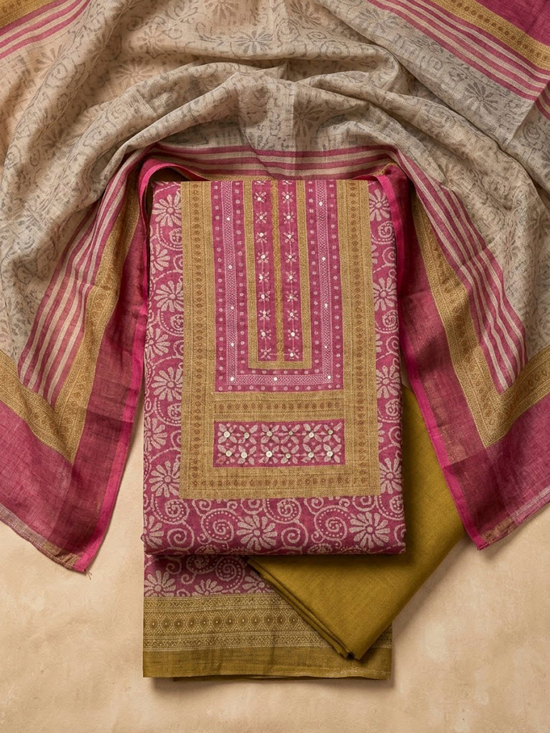 Onion Pink Linen Blend Printed Unstitched Dress Material