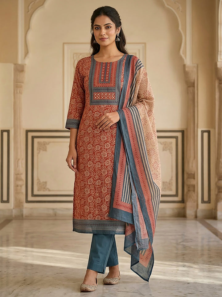 Blue Linen Blend Printed Unstitched Dress Material
