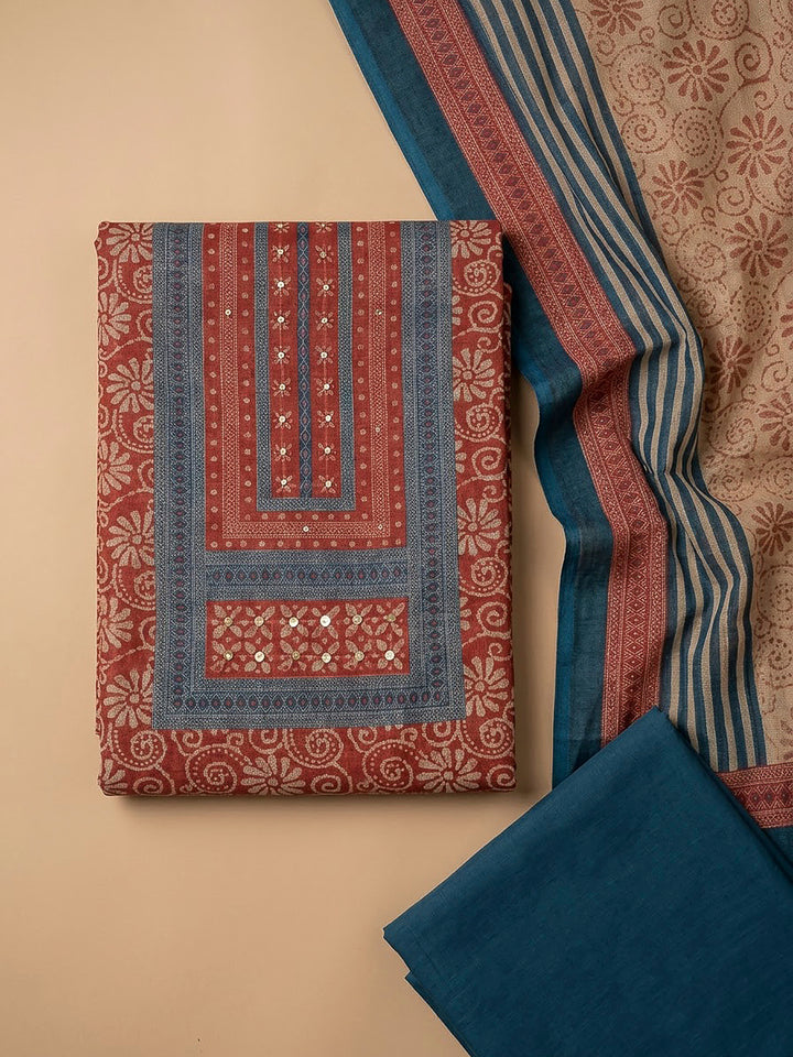 Blue Linen Blend Printed Unstitched Dress Material