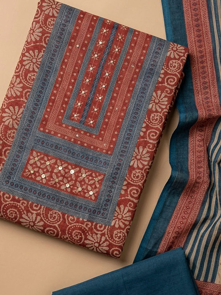 Blue Linen Blend Printed Unstitched Dress Material