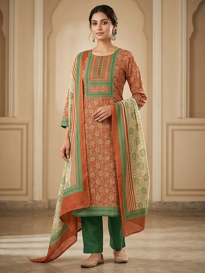 Rust Linen Blend Printed Unstitched Dress Material
