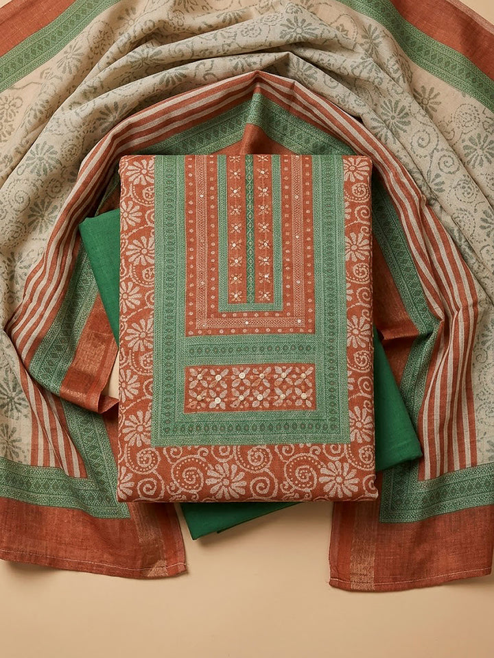 Rust Linen Blend Printed Unstitched Dress Material