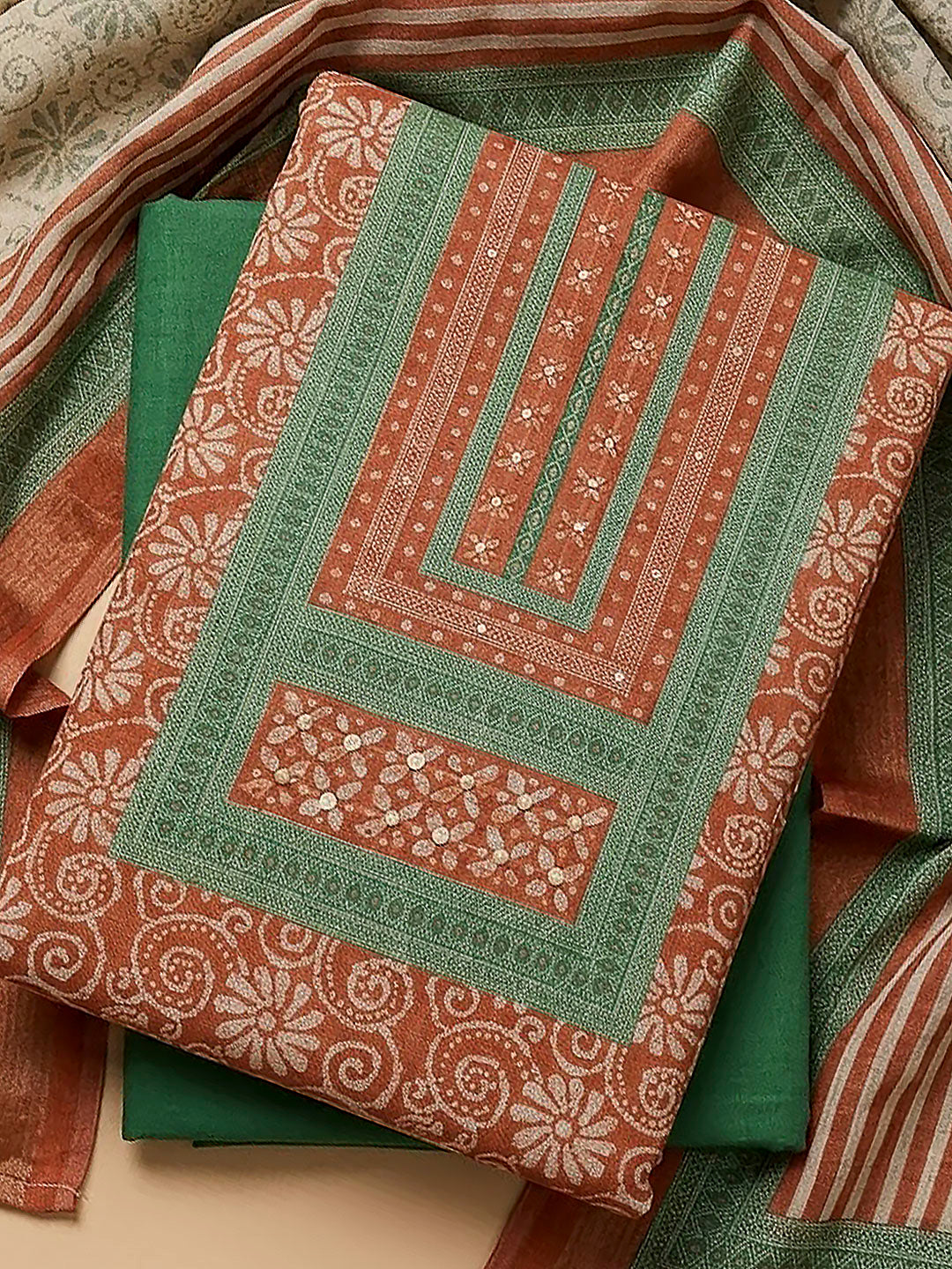 Rust Linen Blend Printed Unstitched Dress Material