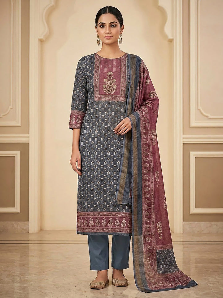 Grey Linen Blend Printed Unstitched Dress Material