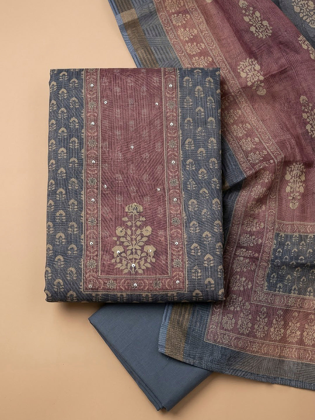 Grey Linen Blend Printed Unstitched Dress Material