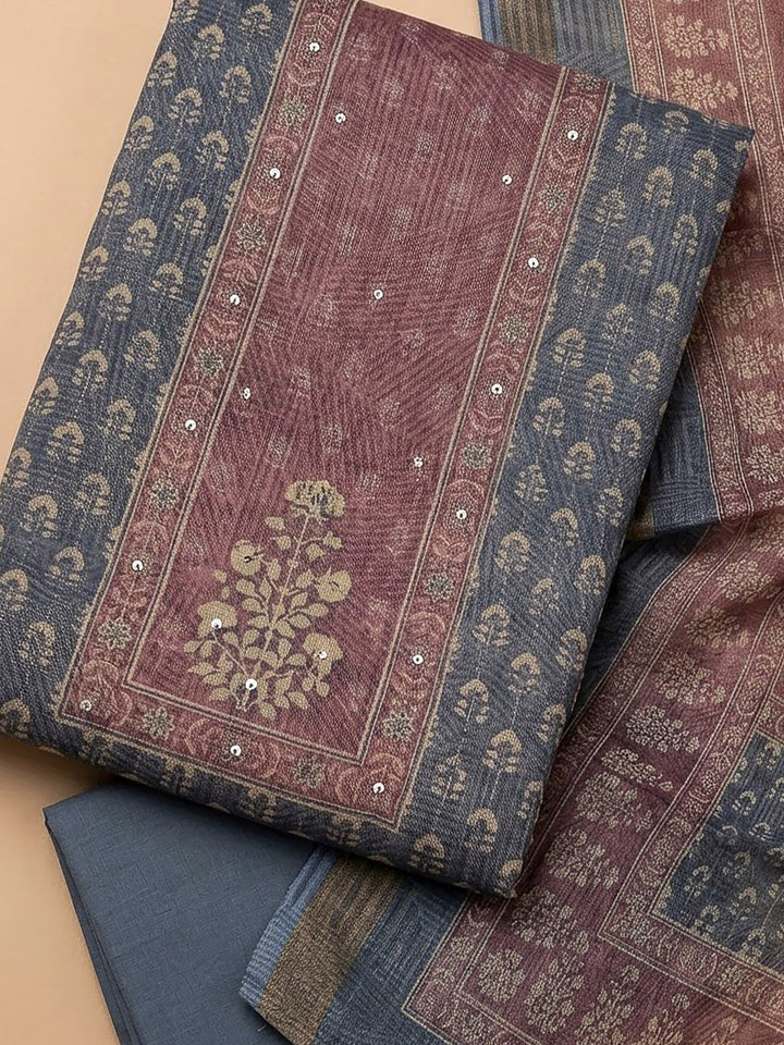 Grey Linen Blend Printed Unstitched Dress Material