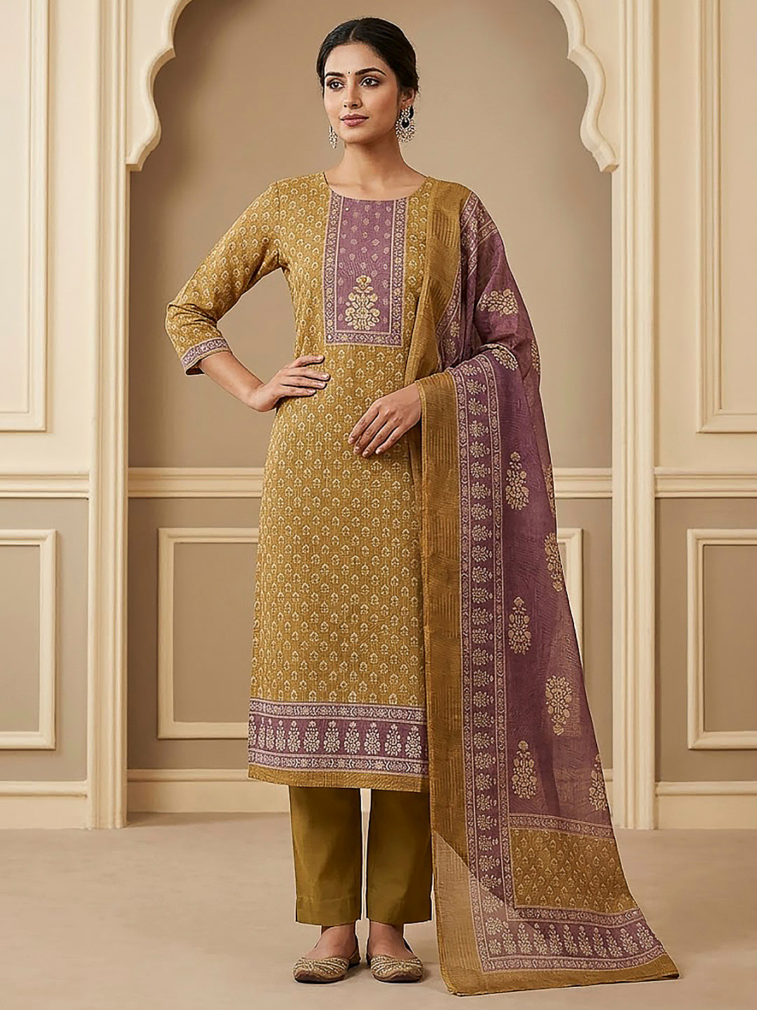 Mehndi Linen Blend Printed Unstitched Dress Material