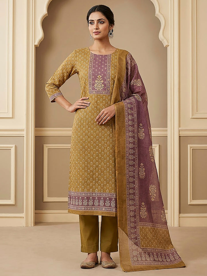 Mehndi Linen Blend Printed Unstitched Dress Material