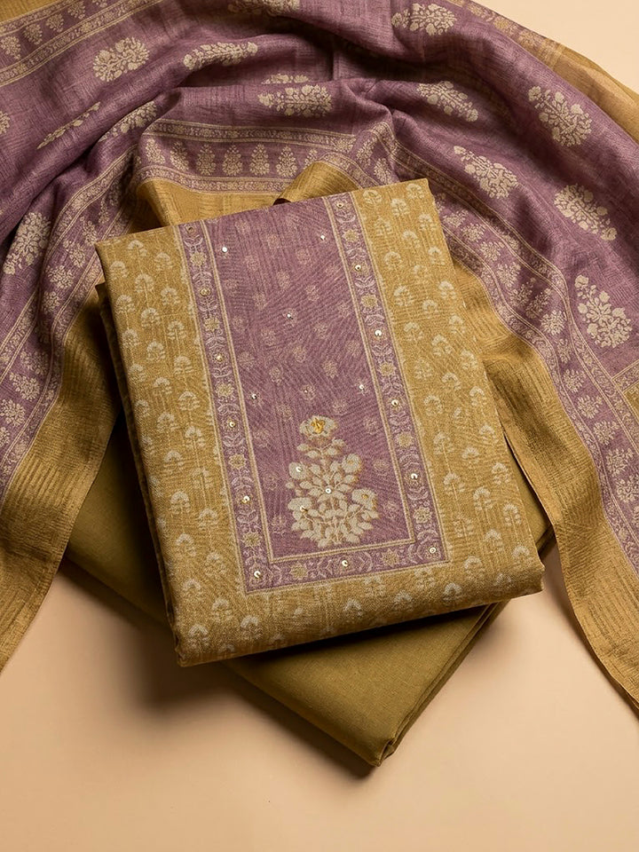 Mehndi Linen Blend Printed Unstitched Dress Material