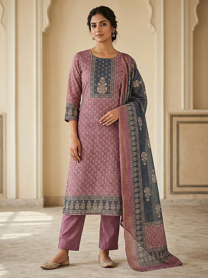 Onion Pink Linen Blend Printed Unstitched Dress Material