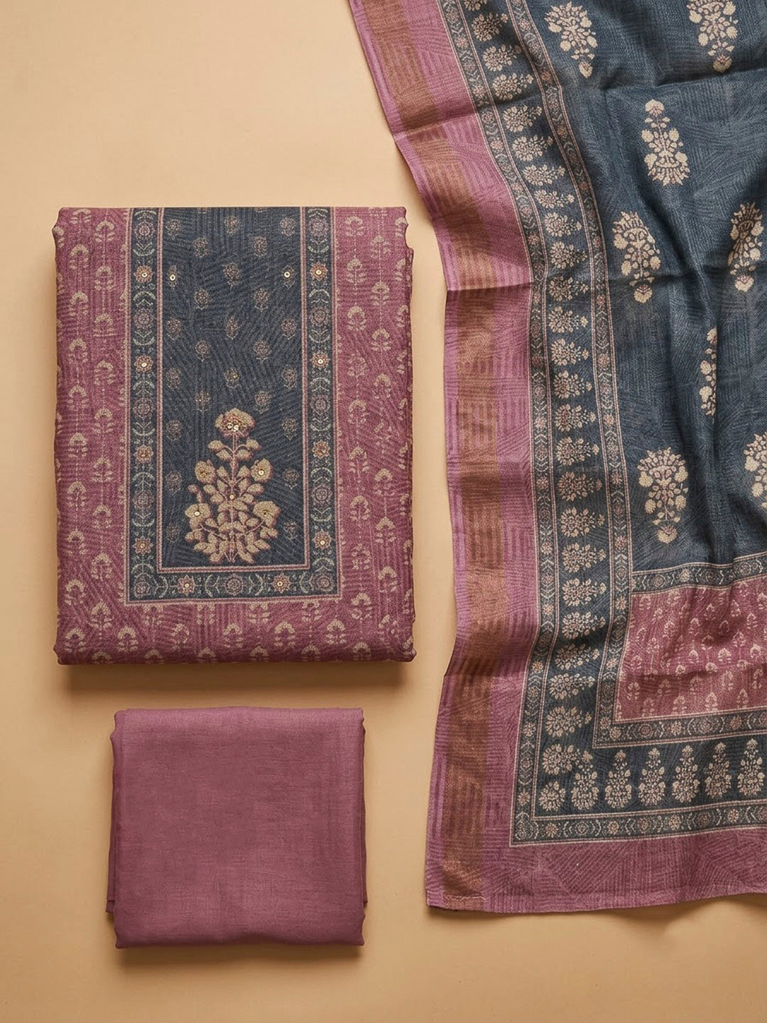 Onion Pink Linen Blend Printed Unstitched Dress Material