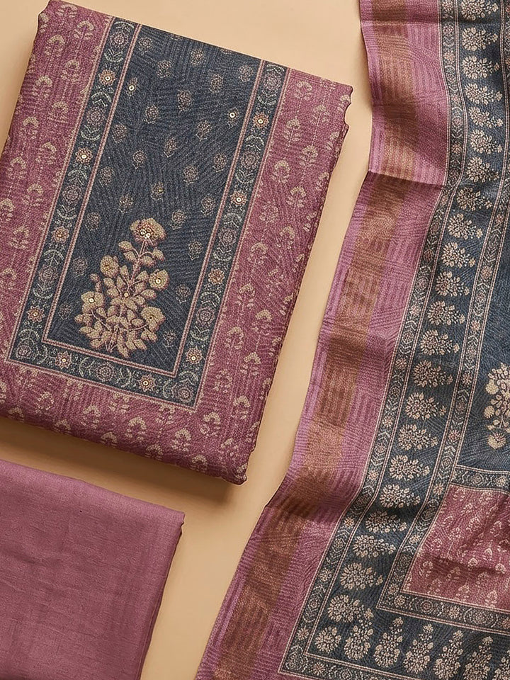 Onion Pink Linen Blend Printed Unstitched Dress Material