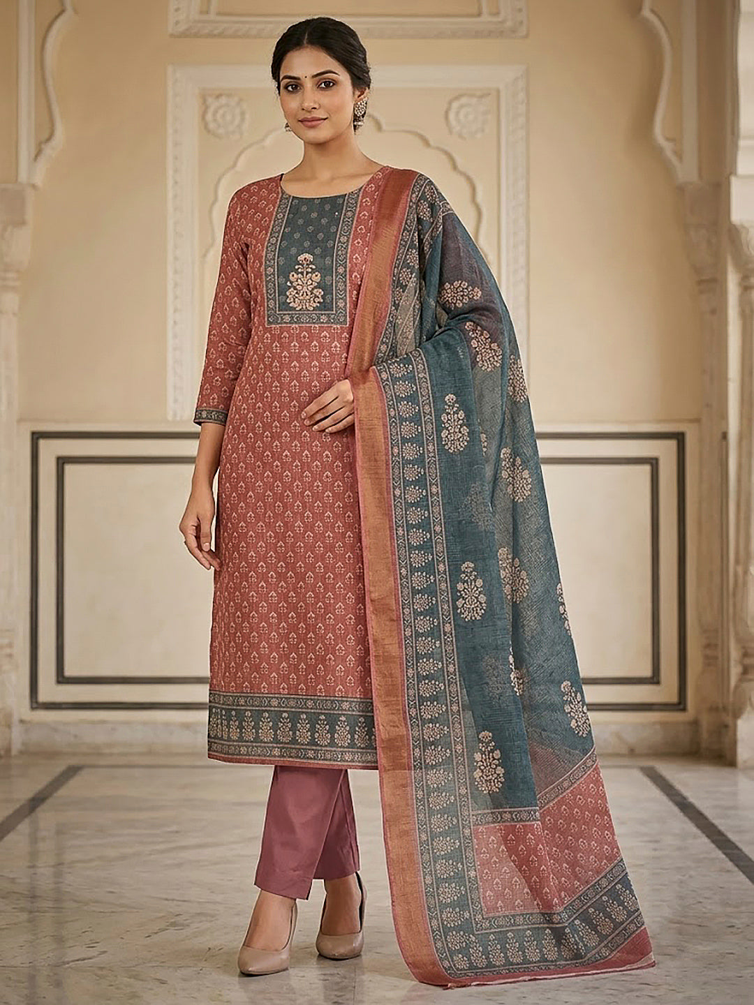 Peach Linen Blend Printed Unstitched Dress Material