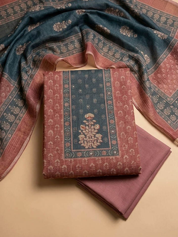 Peach Linen Blend Printed Unstitched Dress Material