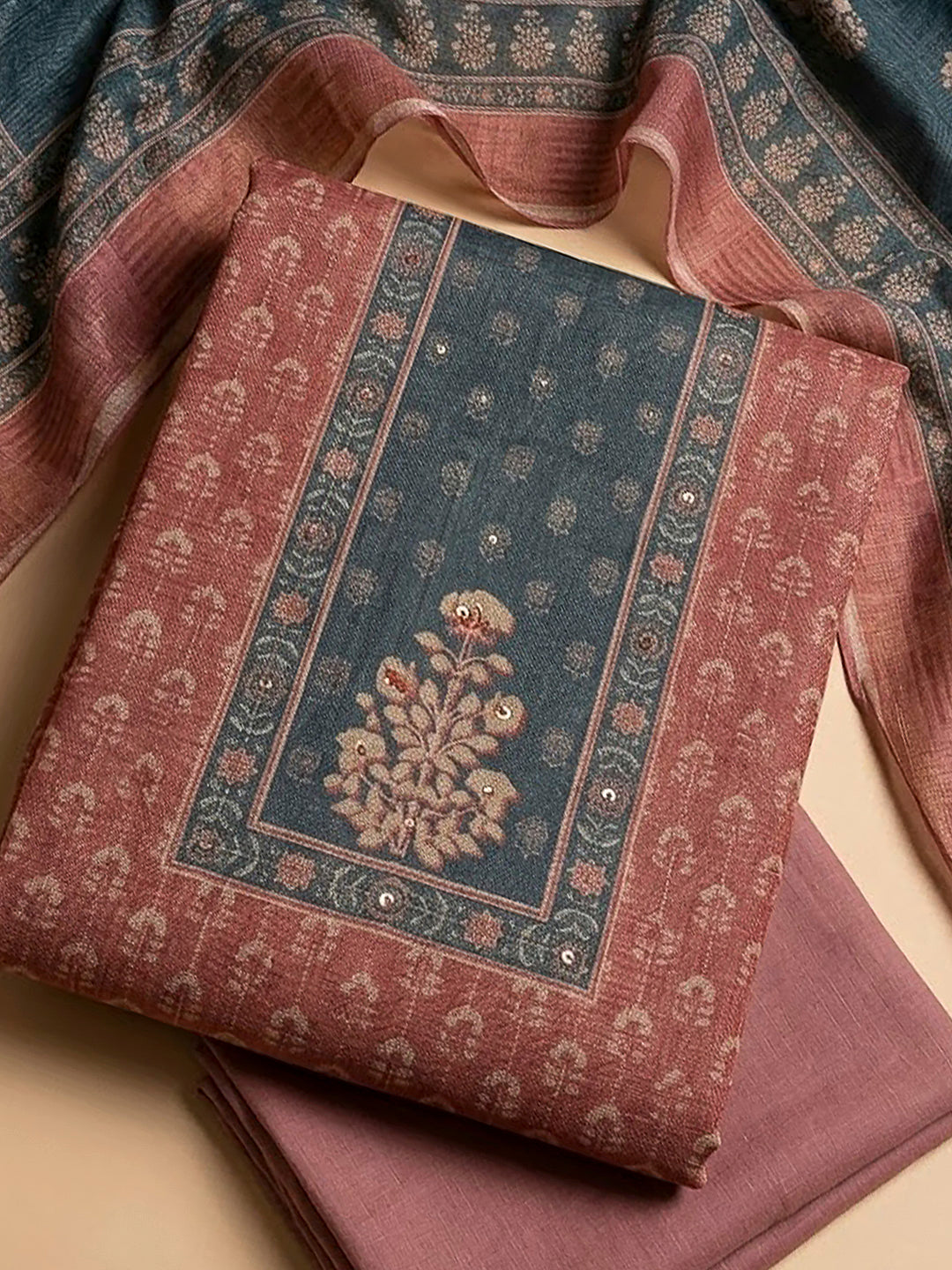 Peach Linen Blend Printed Unstitched Dress Material