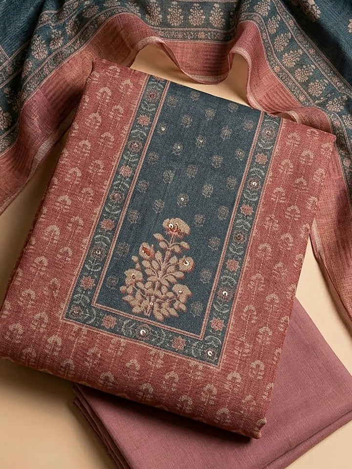 Peach Linen Blend Printed Unstitched Dress Material