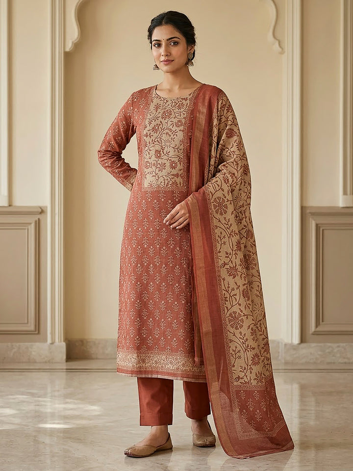 Dusty Pink Linen Blend Printed Unstitched Dress Material