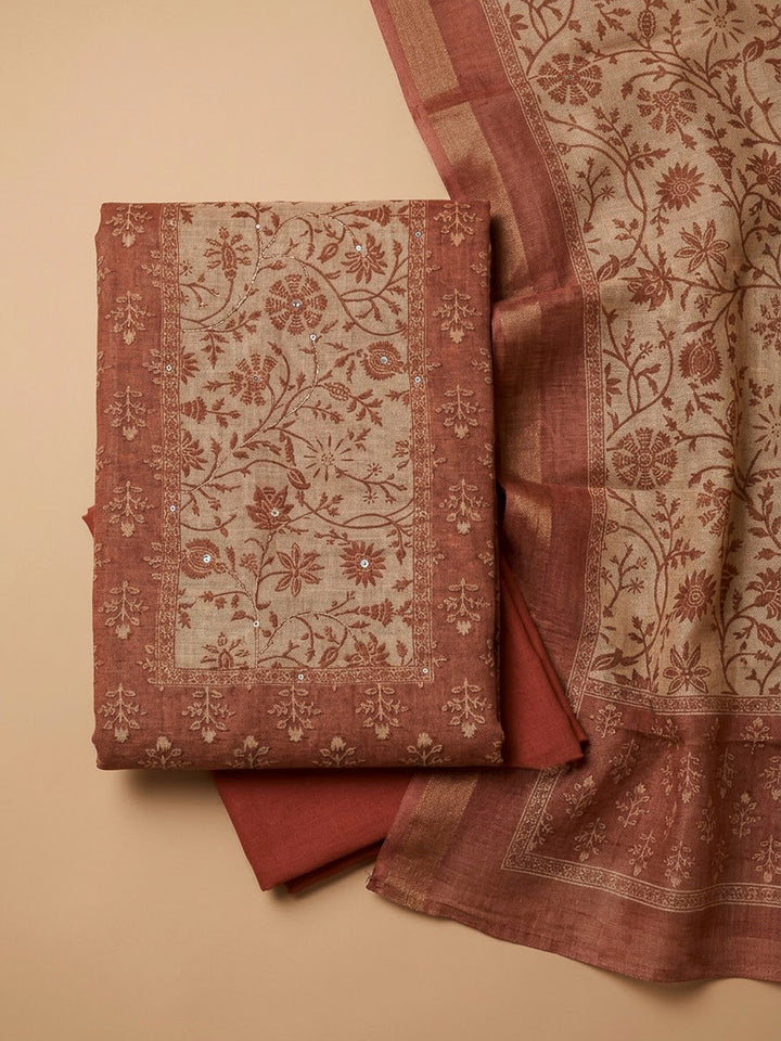 Dusty Pink Linen Blend Printed Unstitched Dress Material