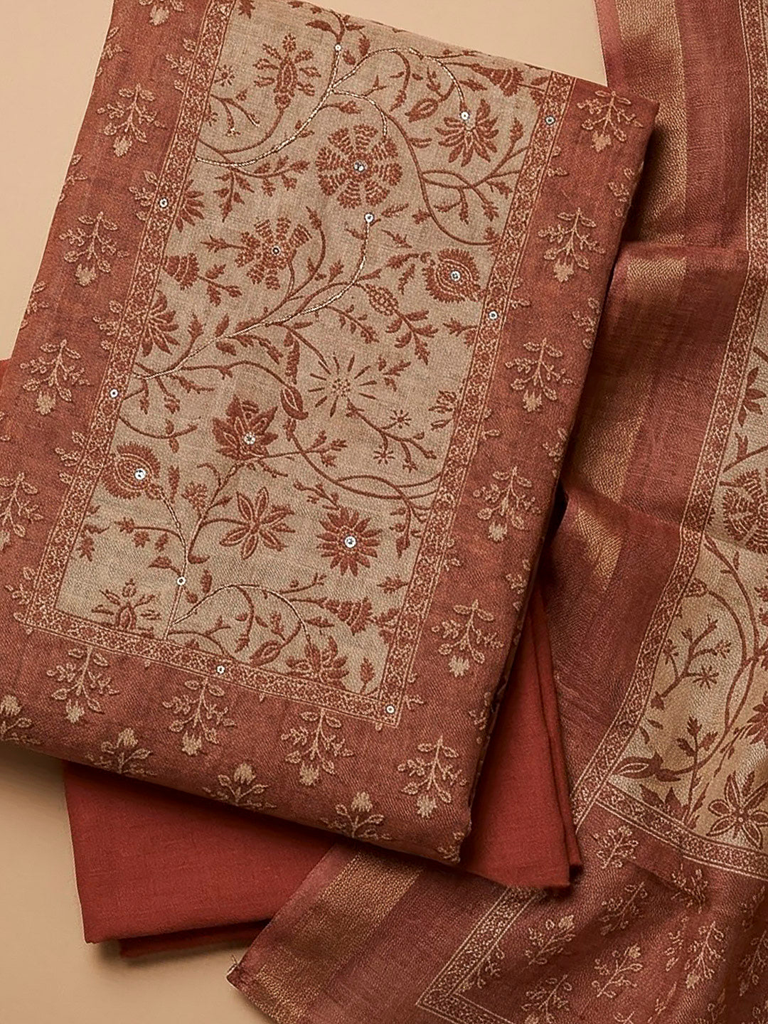Dusty Pink Linen Blend Printed Unstitched Dress Material