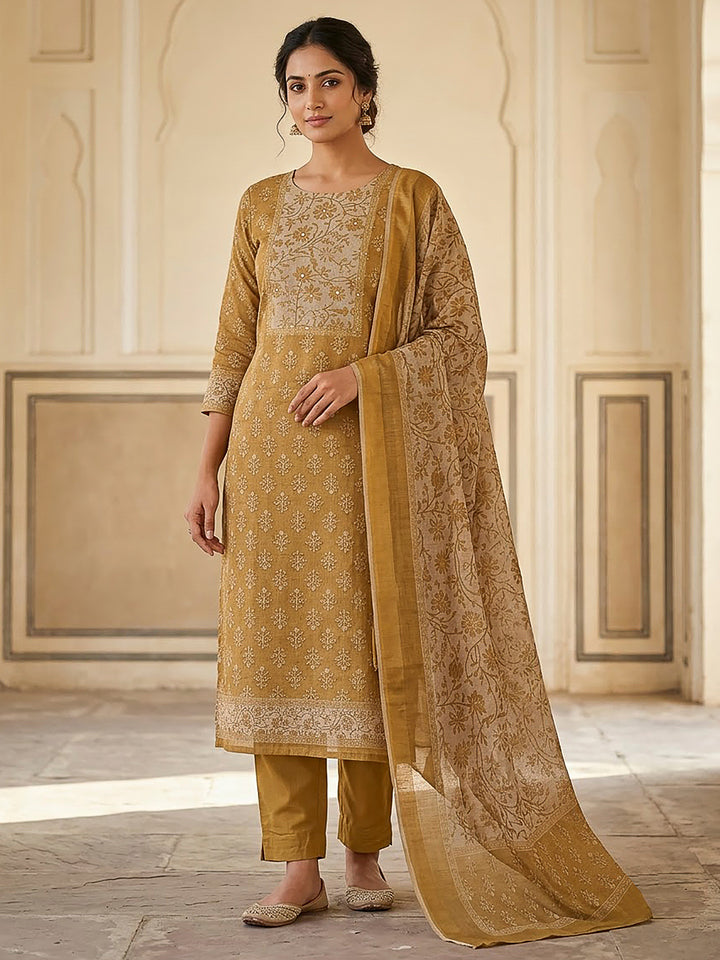 Mustard Linen Blend Printed Unstitched Dress Material