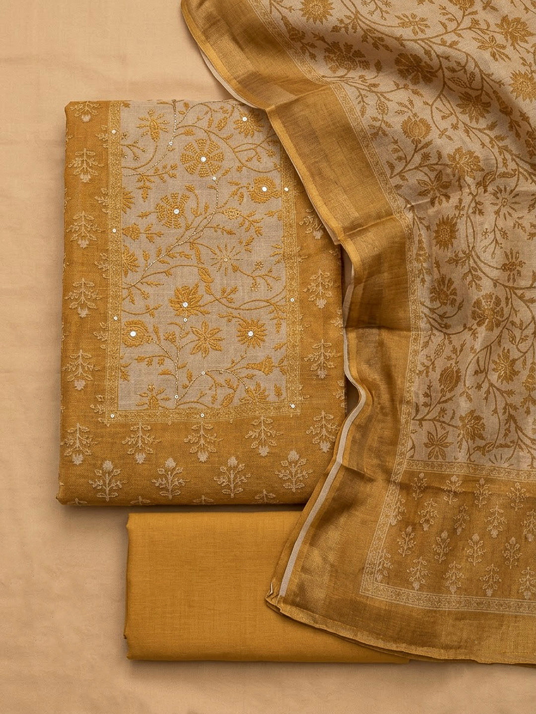Mustard Linen Blend Printed Unstitched Dress Material