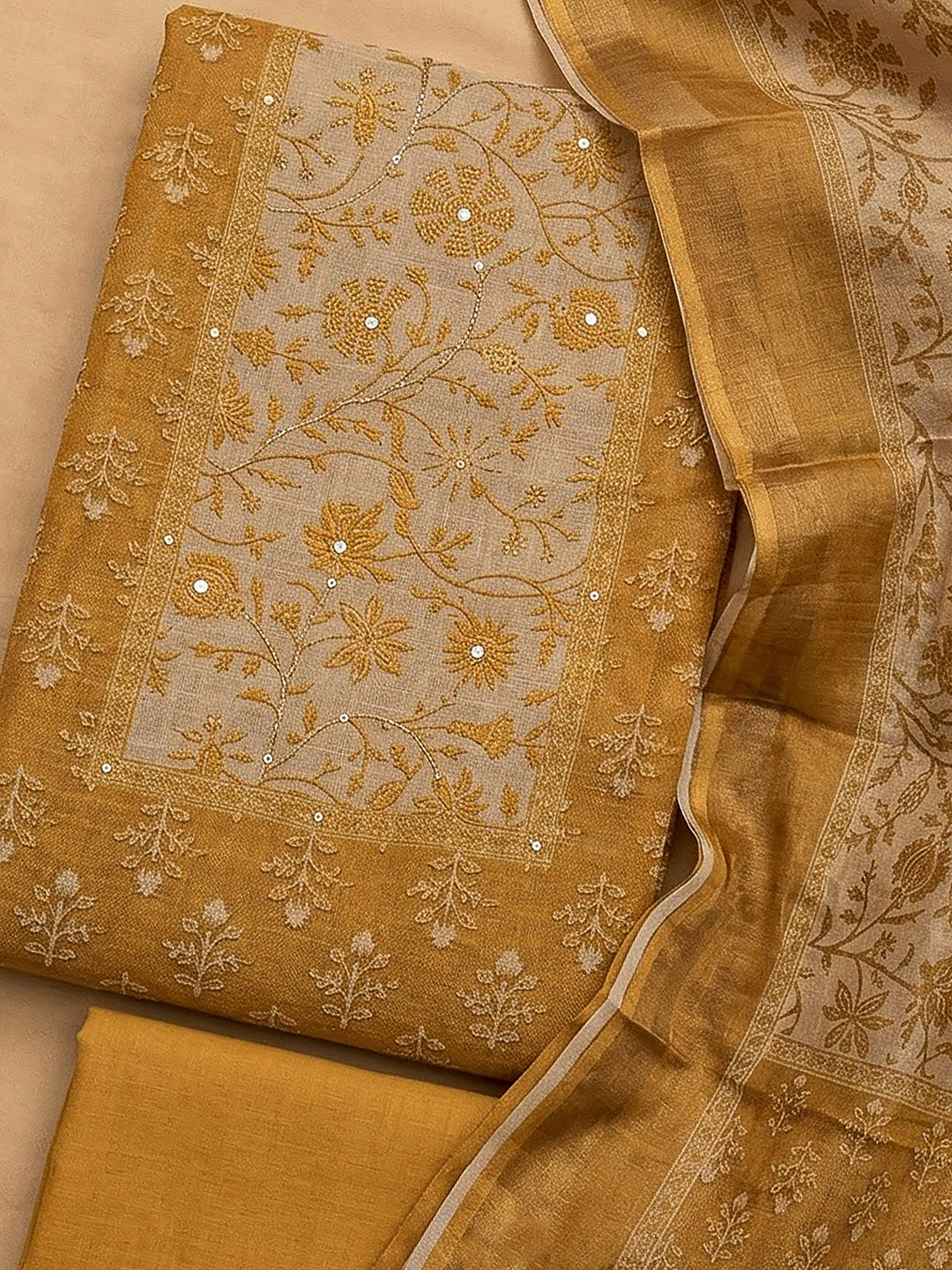 Mustard Linen Blend Printed Unstitched Dress Material