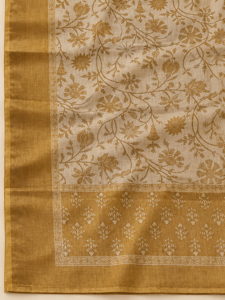 Mustard Linen Blend Printed Unstitched Dress Material