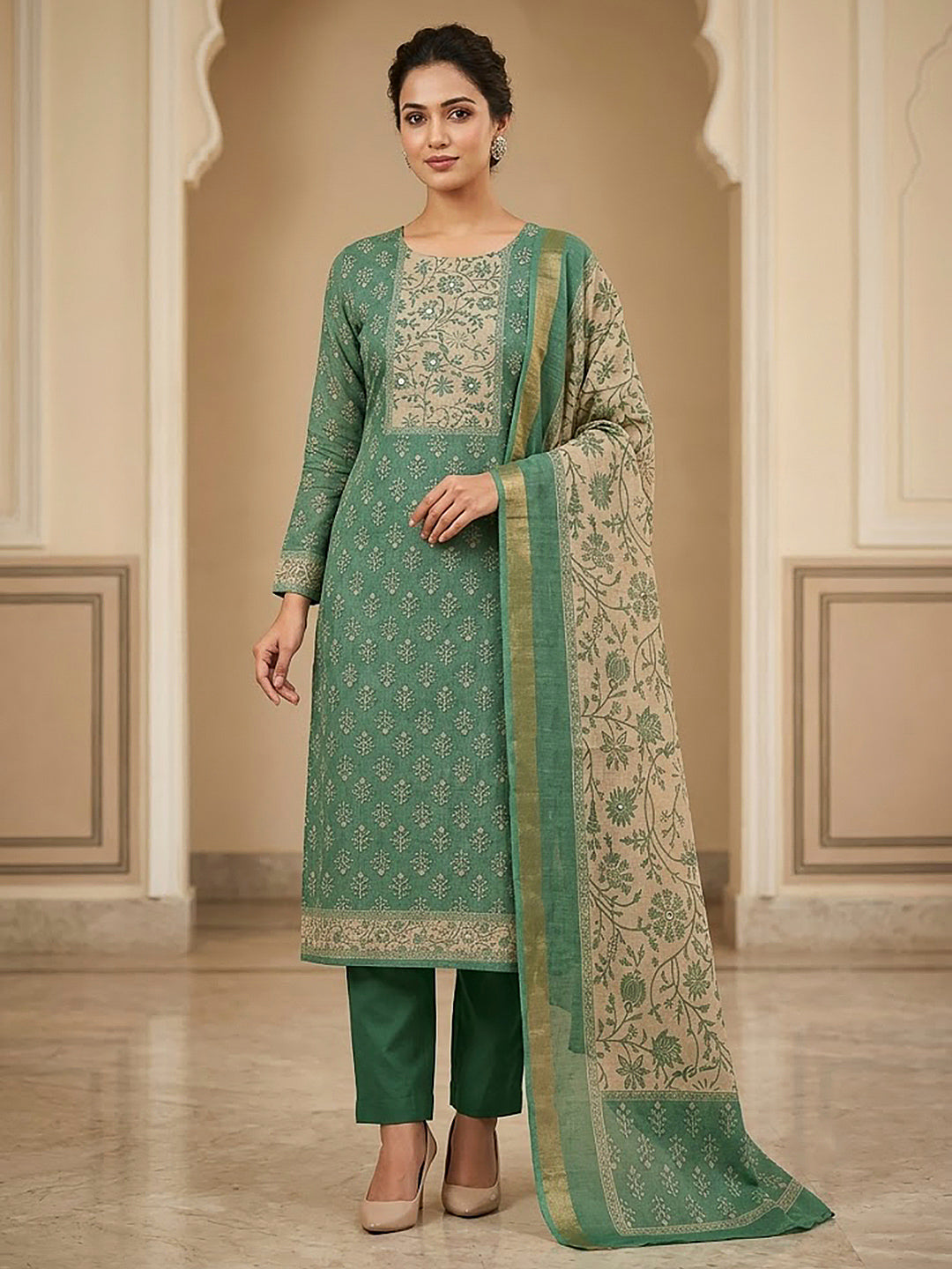 Sea Green Linen Blend Printed Unstitched Dress Material