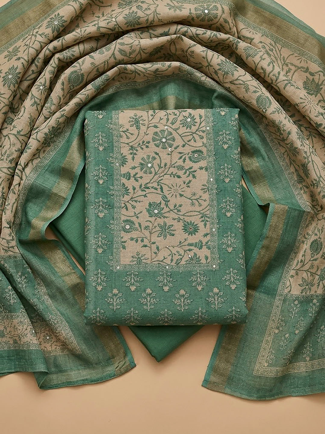 Sea Green Linen Blend Printed Unstitched Dress Material
