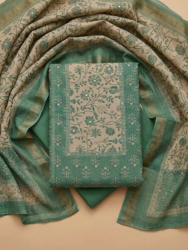 Sea Green Linen Blend Printed Unstitched Dress Material