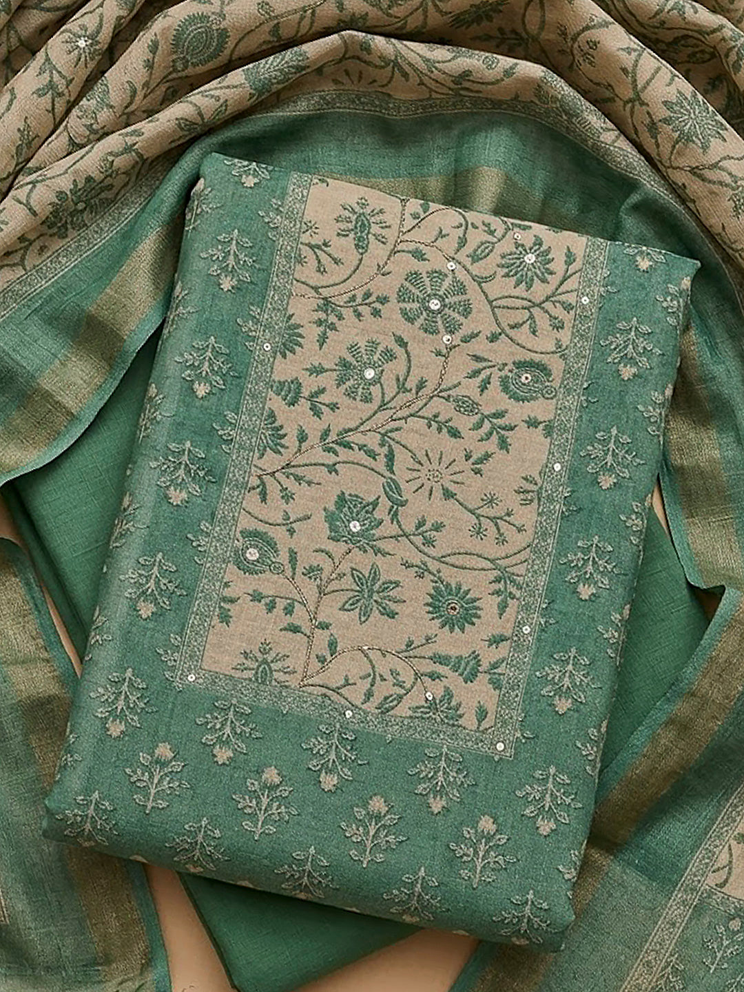 Sea Green Linen Blend Printed Unstitched Dress Material