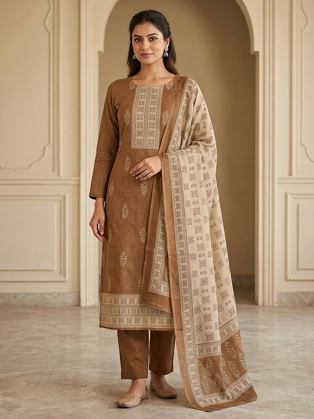Beige Linen Blend Printed Unstitched Dress Material