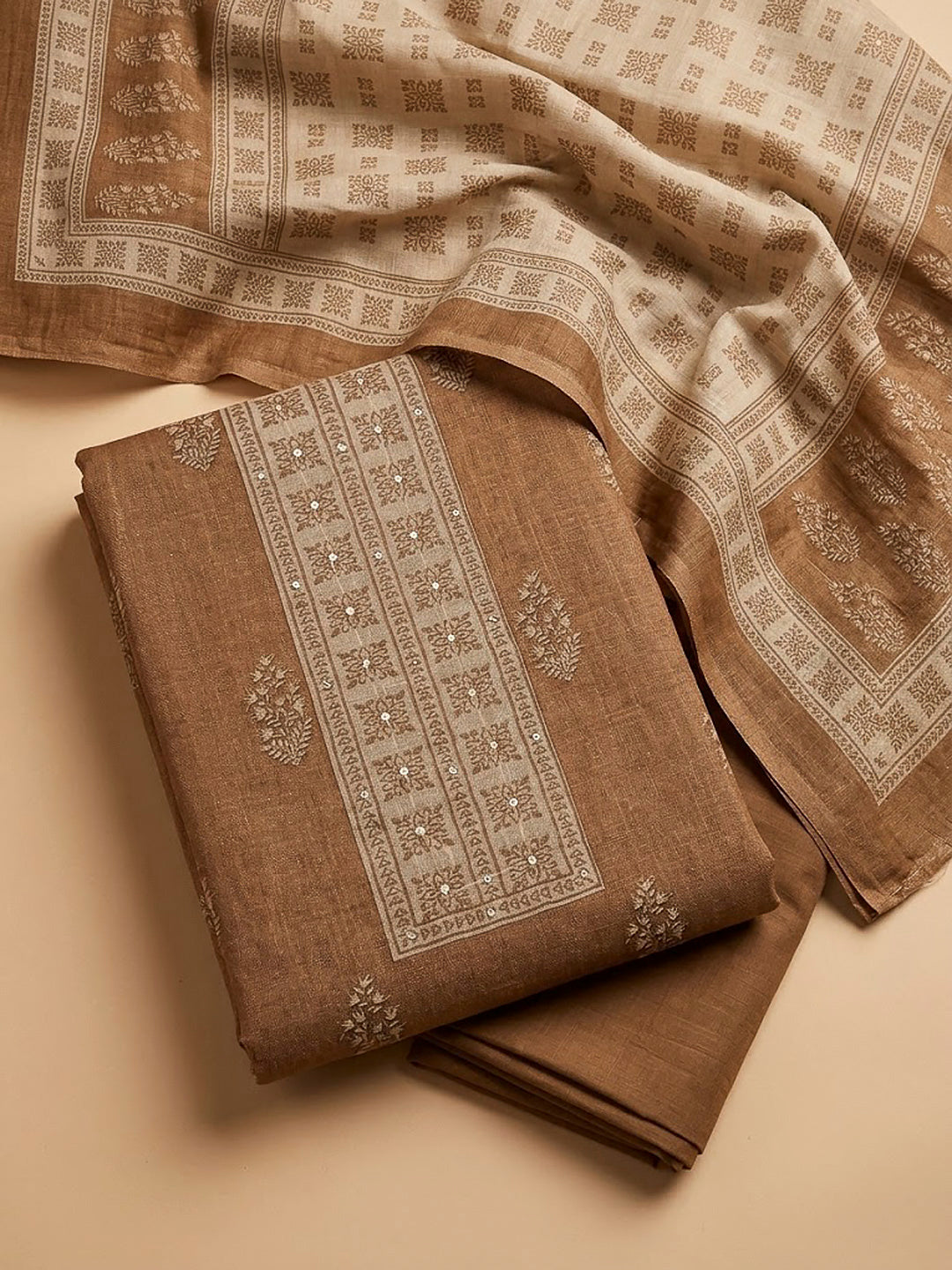 Beige Linen Blend Printed Unstitched Dress Material