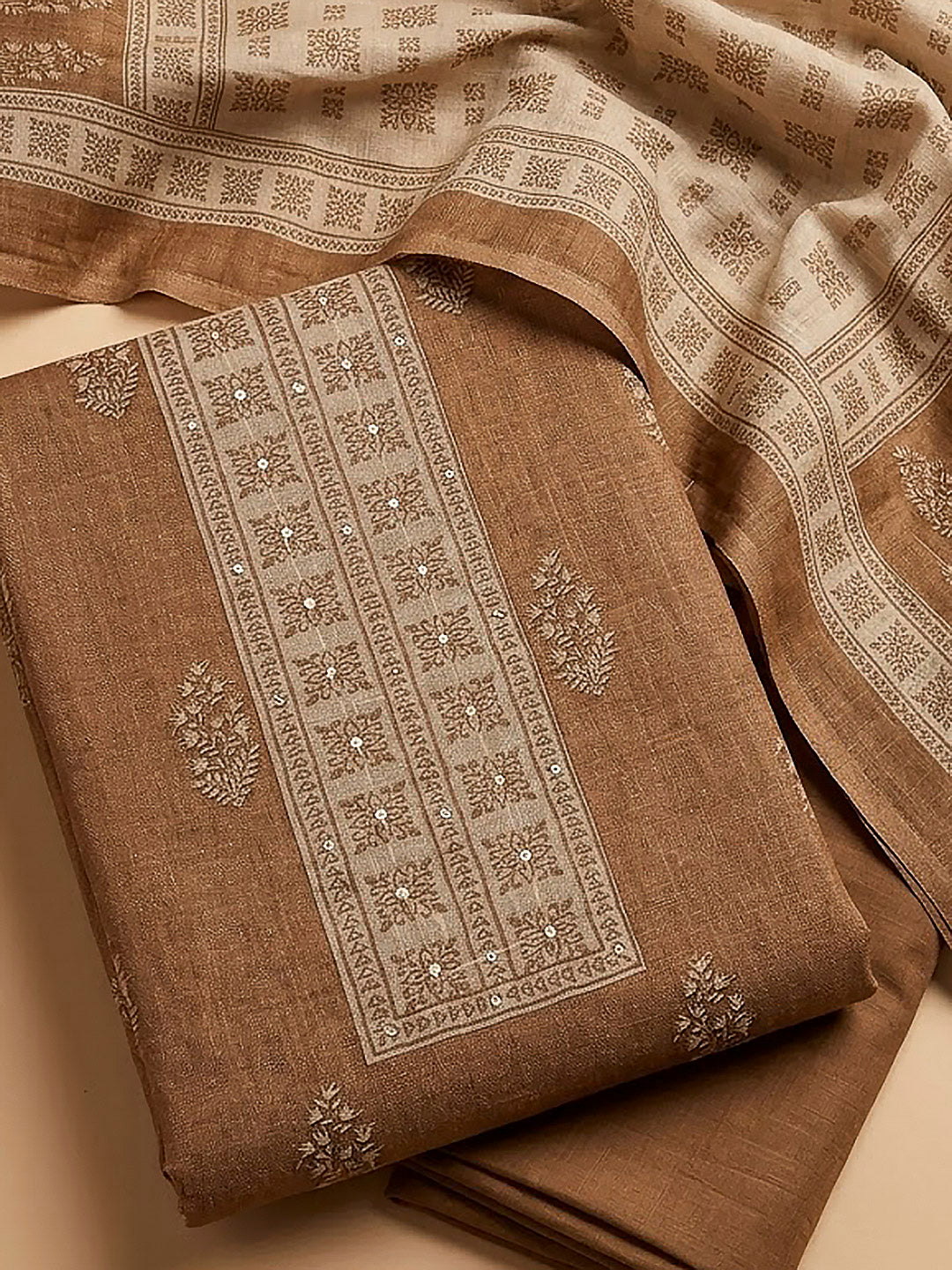 Beige Linen Blend Printed Unstitched Dress Material
