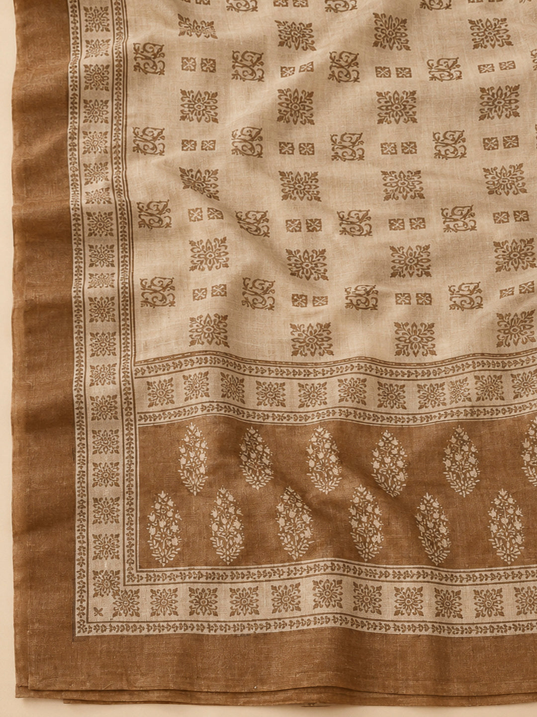 Beige Linen Blend Printed Unstitched Dress Material