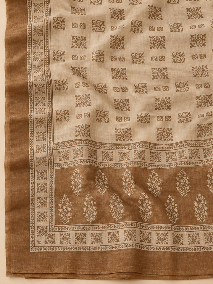 Beige Linen Blend Printed Unstitched Dress Material