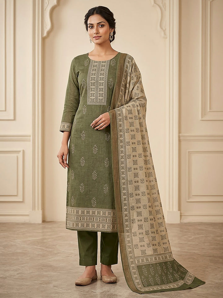 Green Linen Blend Printed Unstitched Dress Material