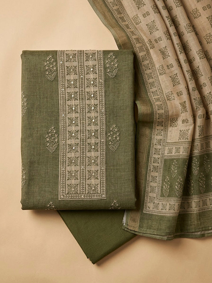 Green Linen Blend Printed Unstitched Dress Material