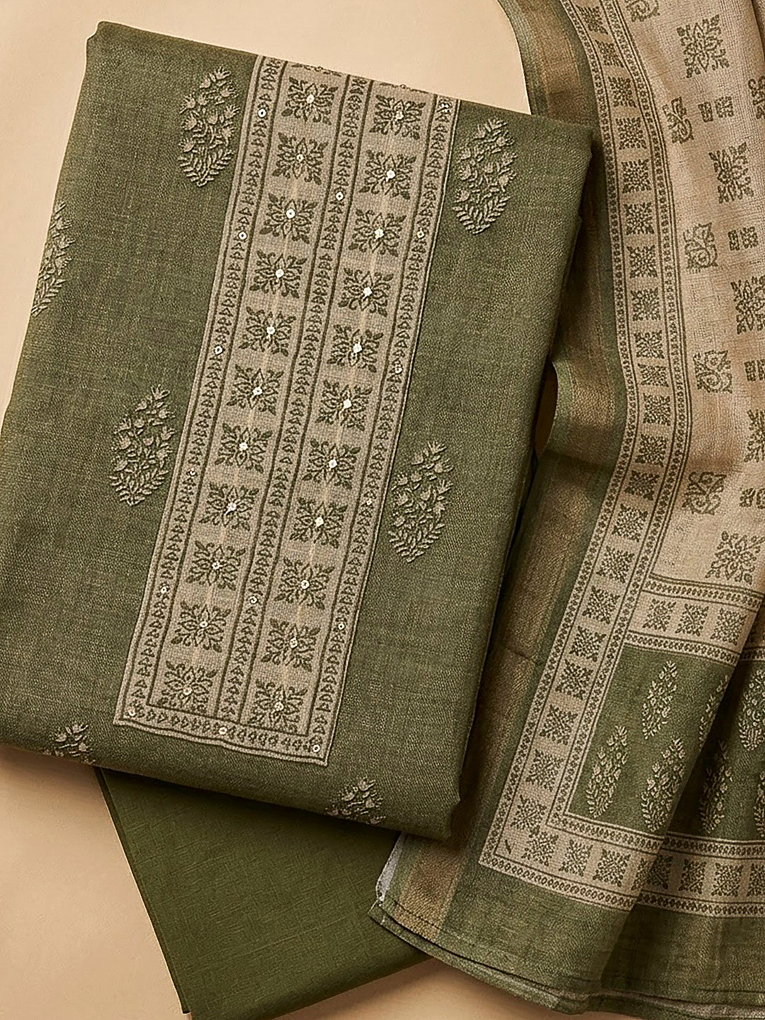 Green Linen Blend Printed Unstitched Dress Material