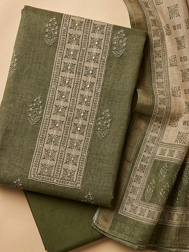 Green Linen Blend Printed Unstitched Dress Material