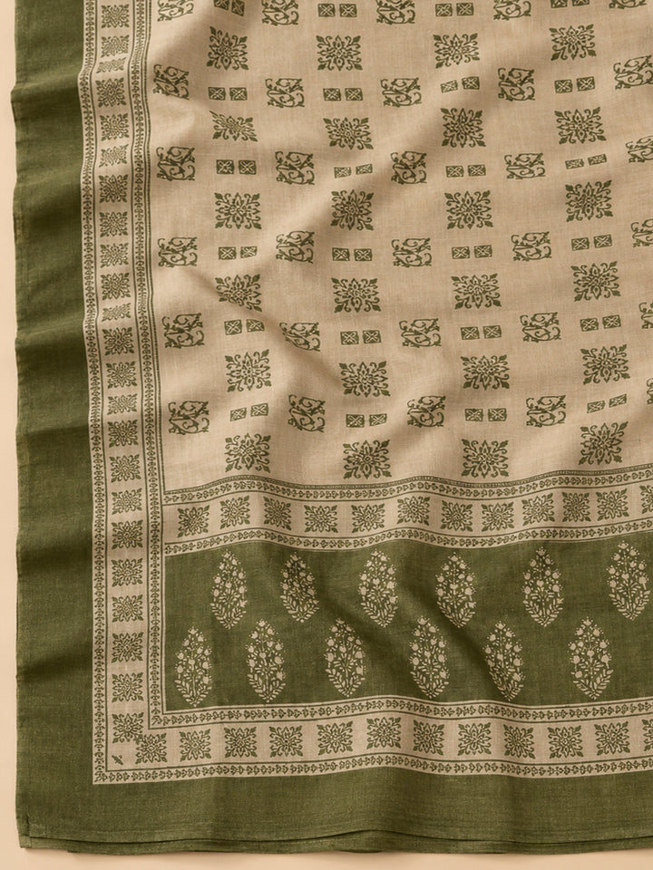 Green Linen Blend Printed Unstitched Dress Material